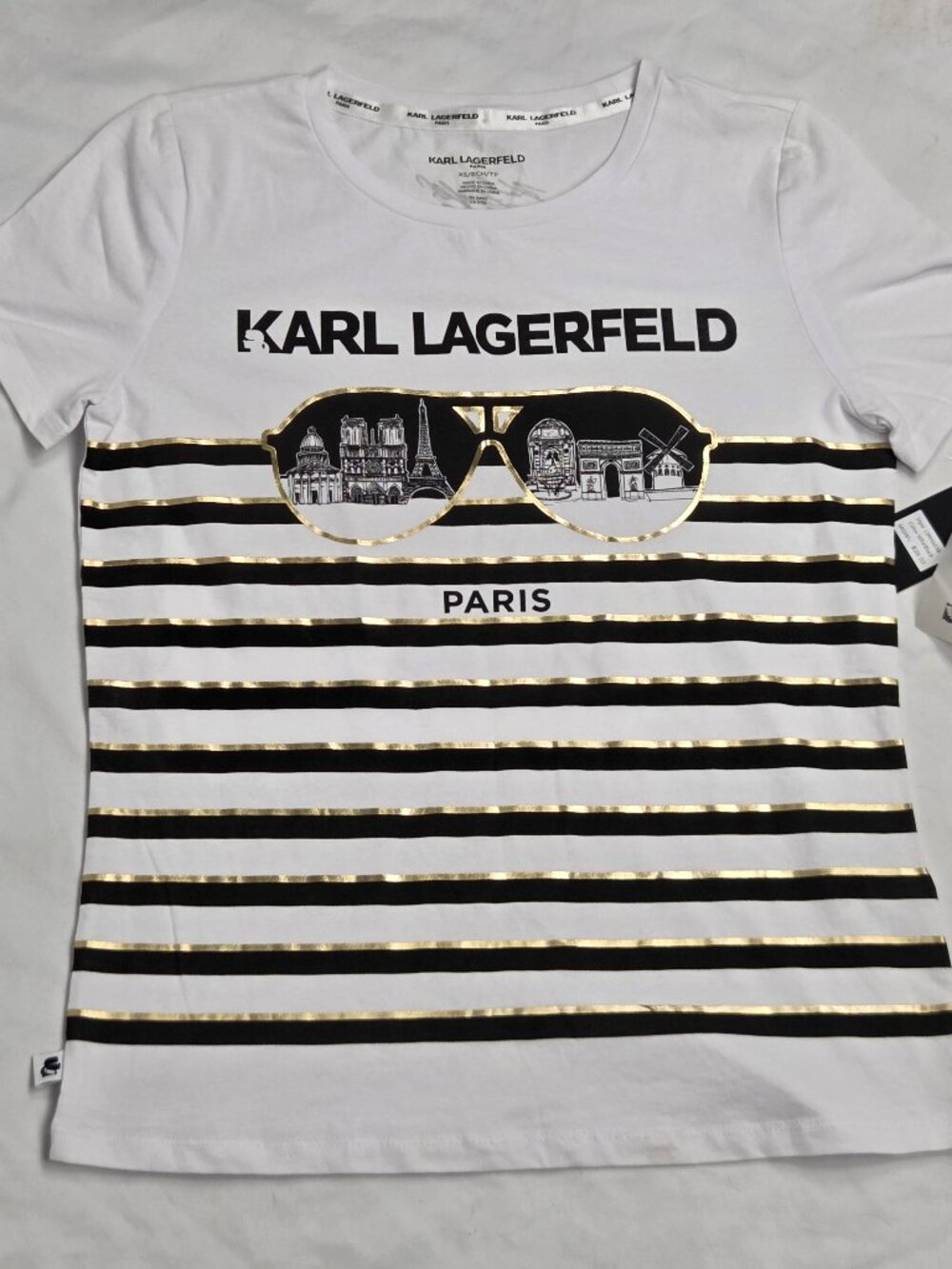 Gold, Black, White! Karl Lagerfeld “Paris” Striped Sunglass Graphic Tee Size XS